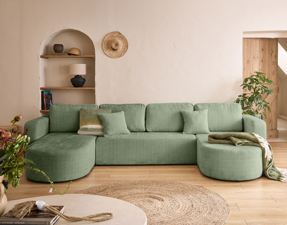 Canapé panoramique convertible avec coffre en velours texturé Miro