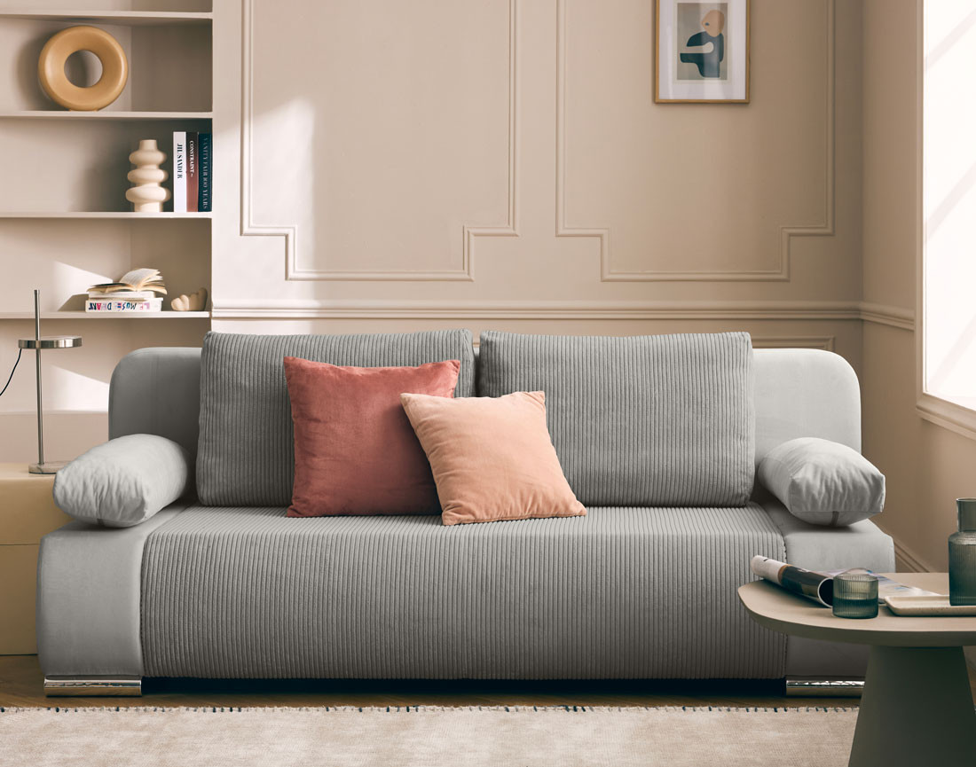 Canapé 3 places convertible avec coffre en velours et velours côtelé Elio