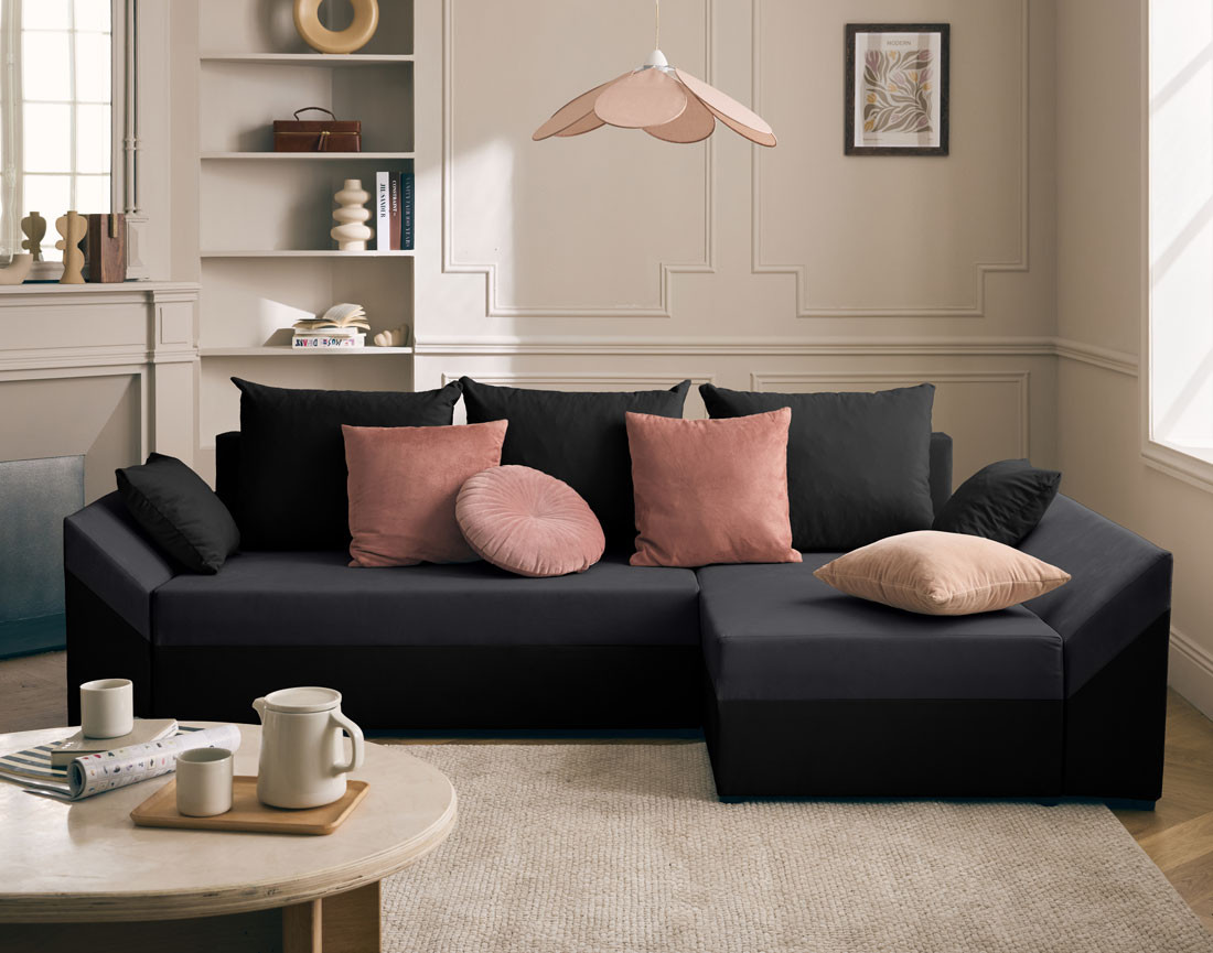 Canapé d'angle réversible 4 places convertible avec coffre en velours Mike