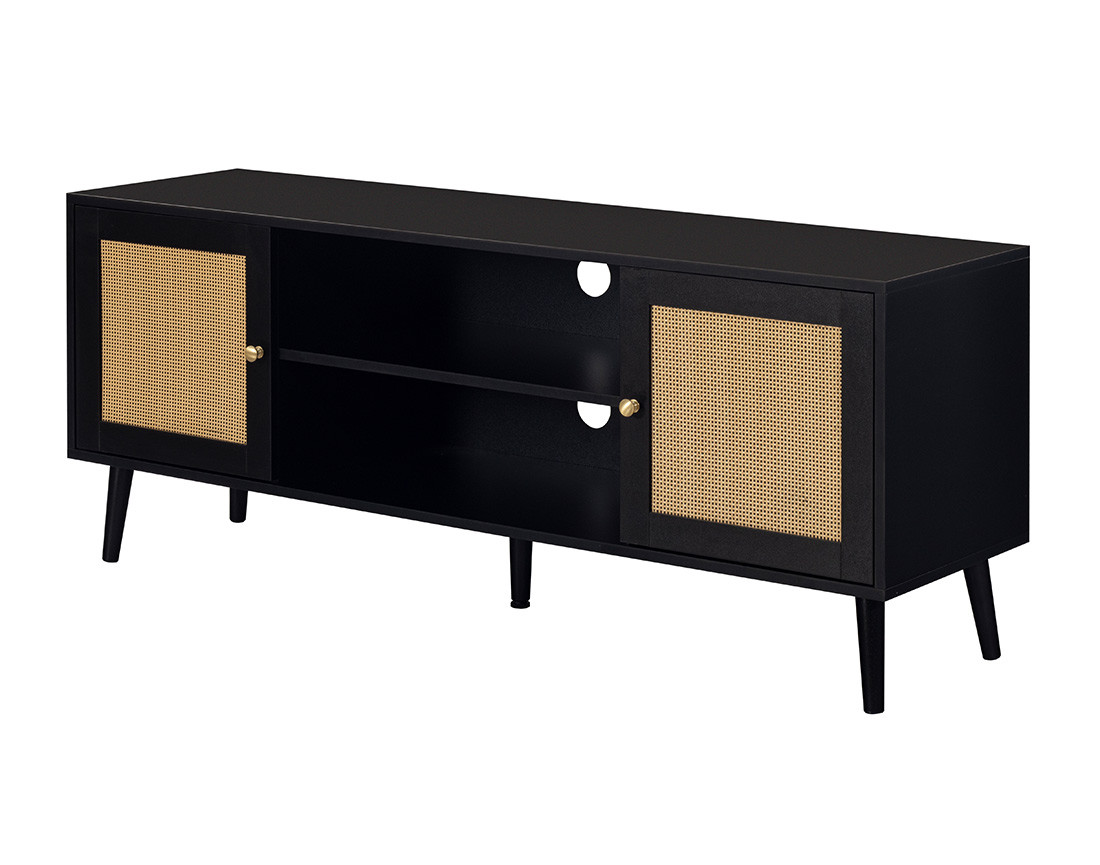 Meuble TV noir et cannage 140 cm Goto