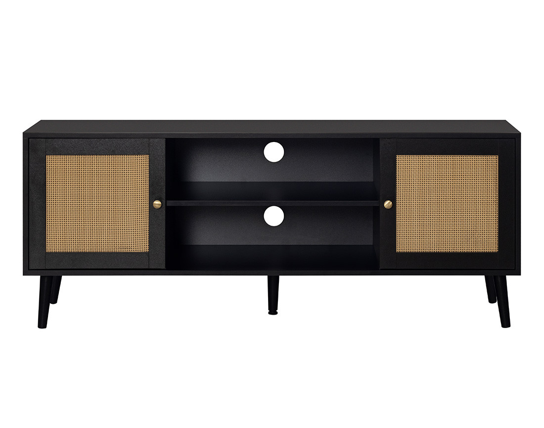 Meuble TV noir et cannage 140 cm Goto