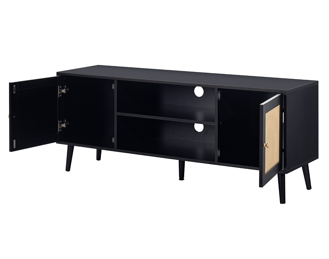 Meuble TV noir et cannage 140 cm Goto