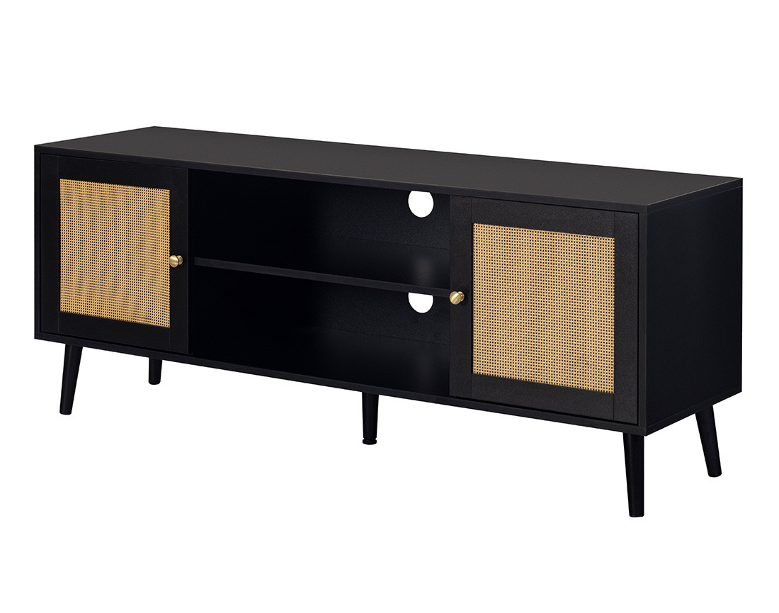 Meuble TV noir et cannage 140 cm Goto