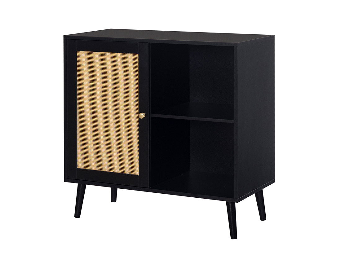 Buffet haut noir et cannage 2 niches et 1 porte 80 cm Goto