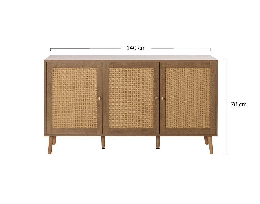 Buffet bas bois et cannage 3 portes 140 cm Goto