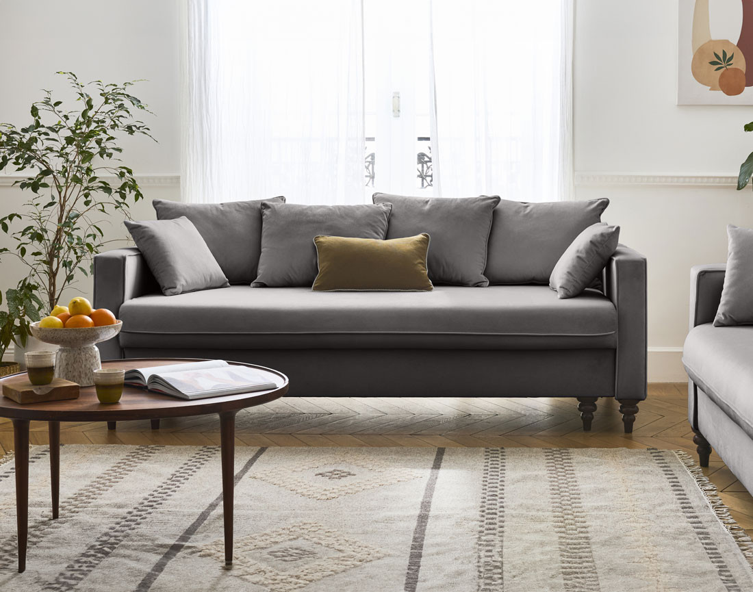 Canapé droit 3 places convertible en velours Flamingo