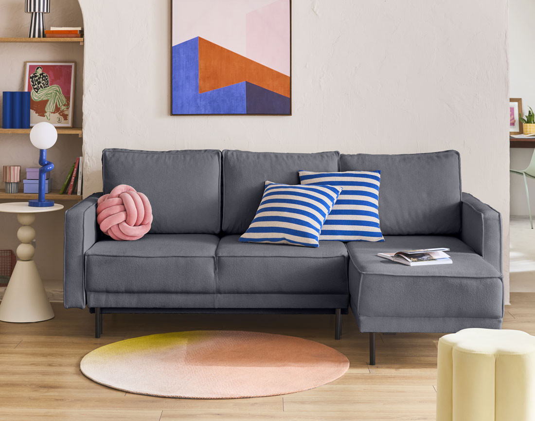 Canapé d'angle réversible convertible avec coffre en tissu Charlie