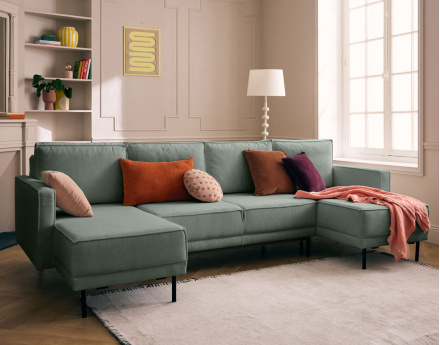 Canapé panoramique en U convertible avec coffre en tissu Charlie