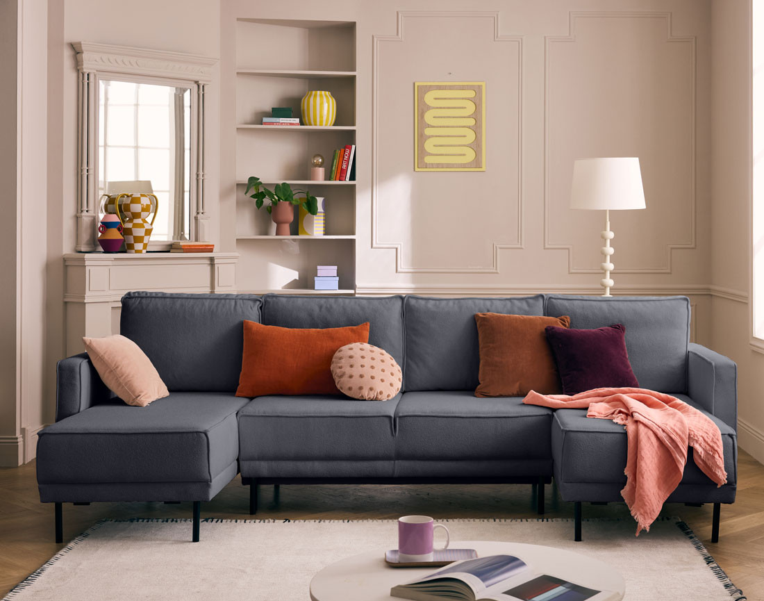 Canapé panoramique en U convertible avec coffre en tissu Charlie