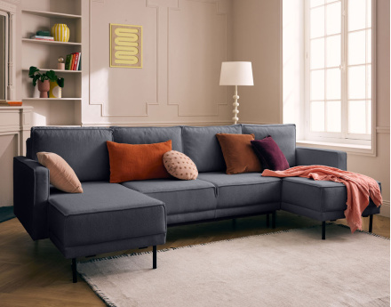 Canapé panoramique en U convertible avec coffre en tissu Charlie