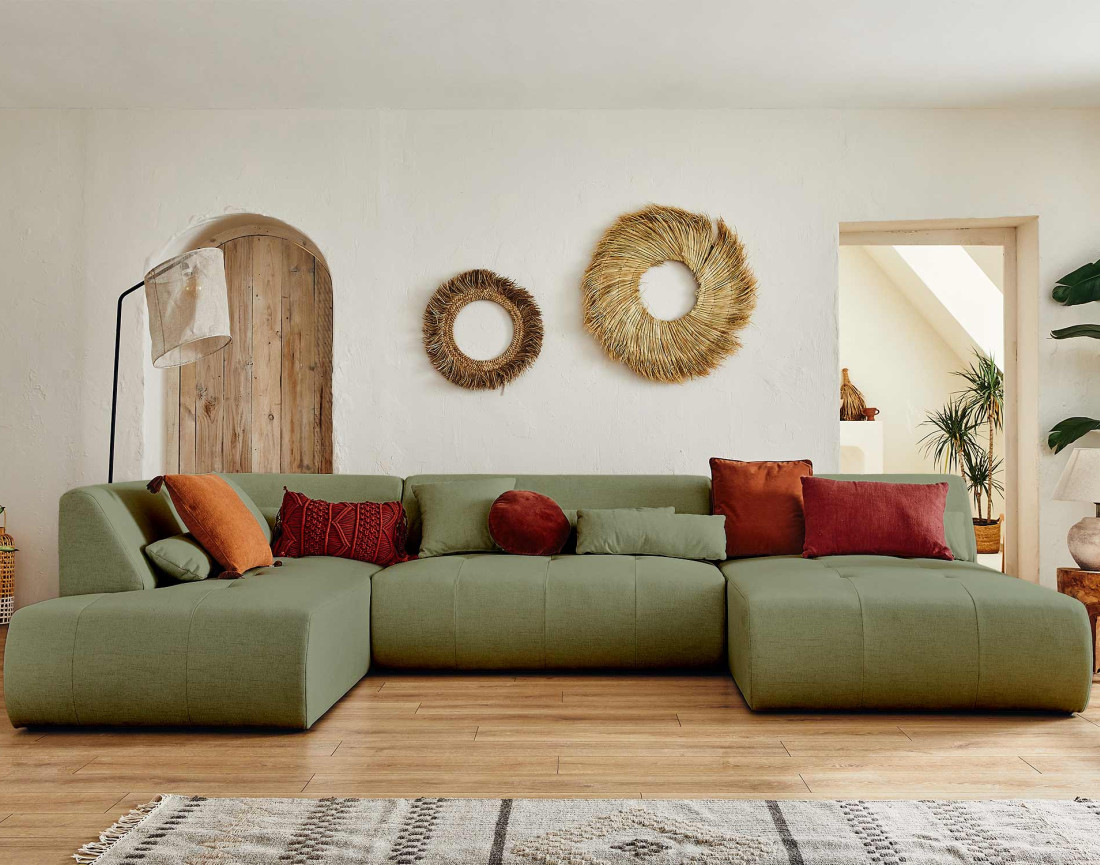 Canapé panoramique d'angle gauche 7 places en tissu Onyx