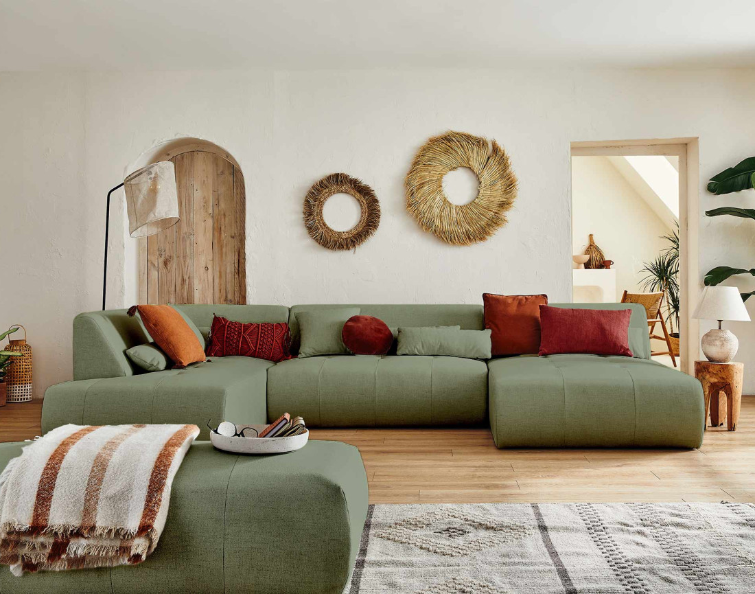 Canapé panoramique d'angle gauche 7 places en tissu Onyx