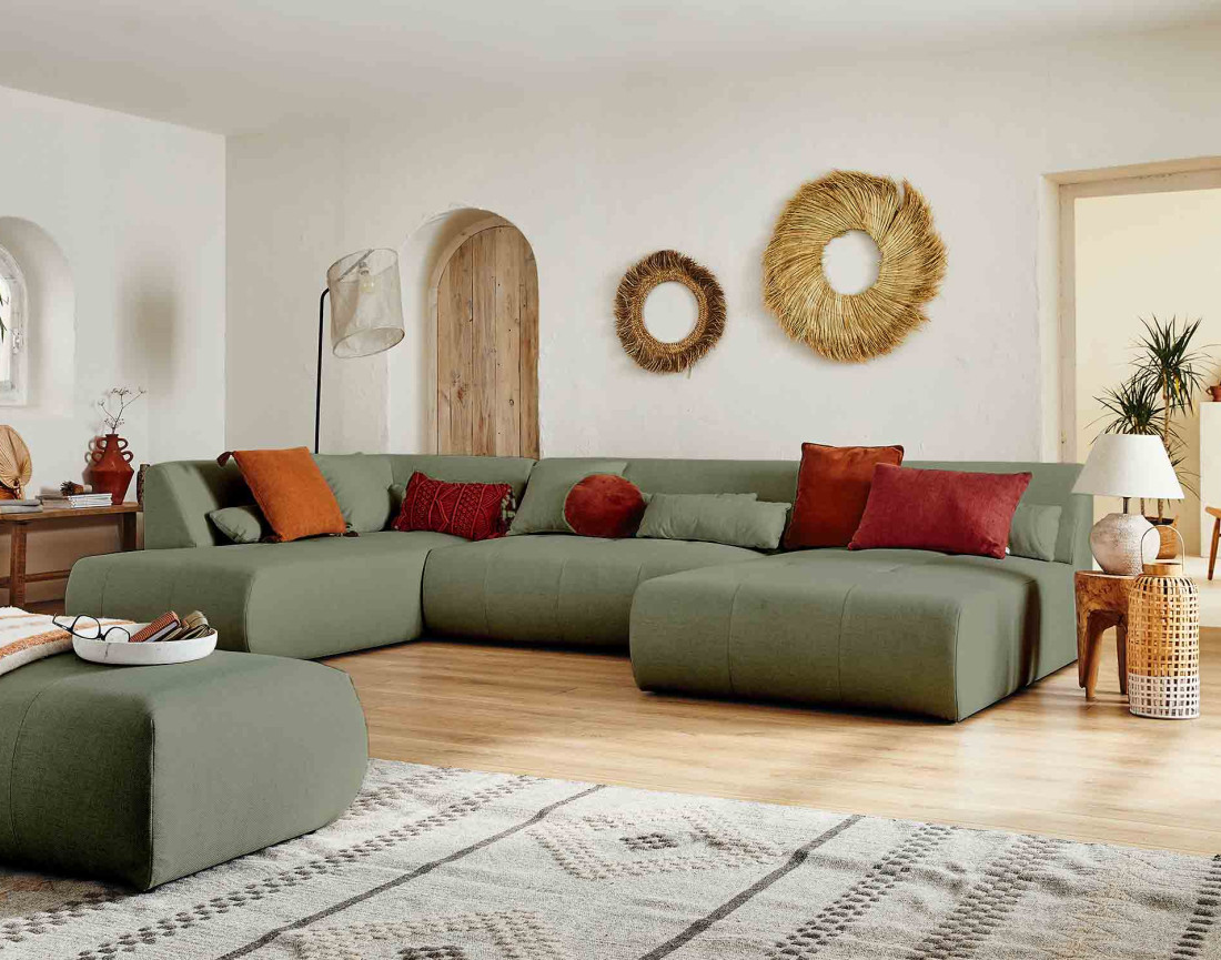 Canapé panoramique d'angle gauche 7 places en tissu Onyx