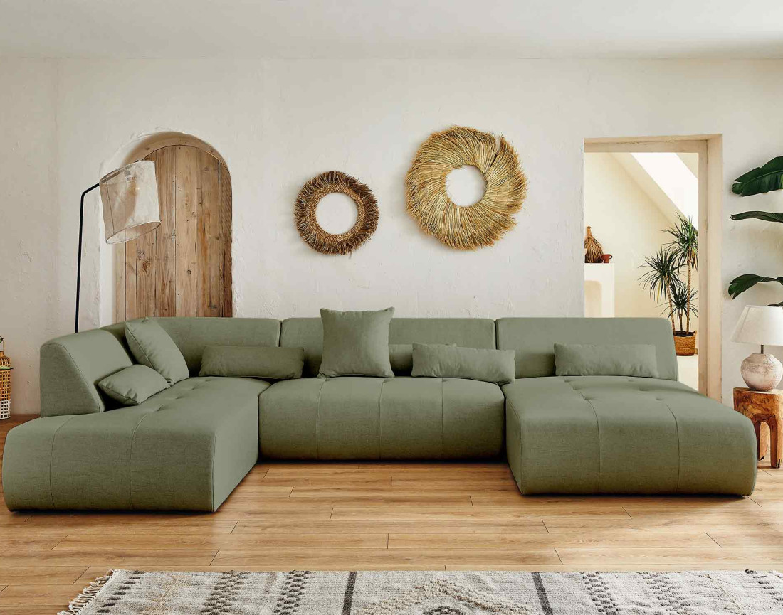 Canapé panoramique d'angle gauche 7 places en tissu Onyx