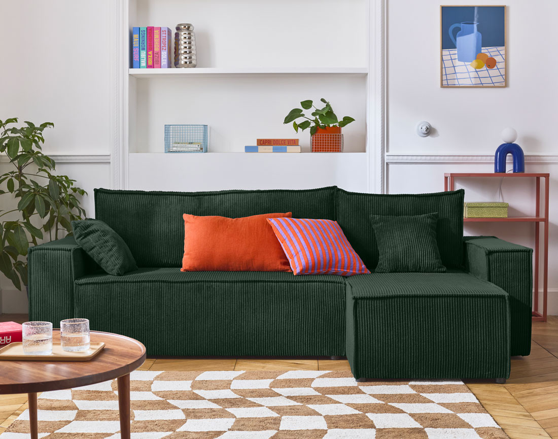 Canapé d'angle réversible 4 places - convertible avec coffre - en velours côtelé - Cezanne