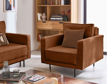 Fauteuil pieds hauts en tissu velours relief Charlie