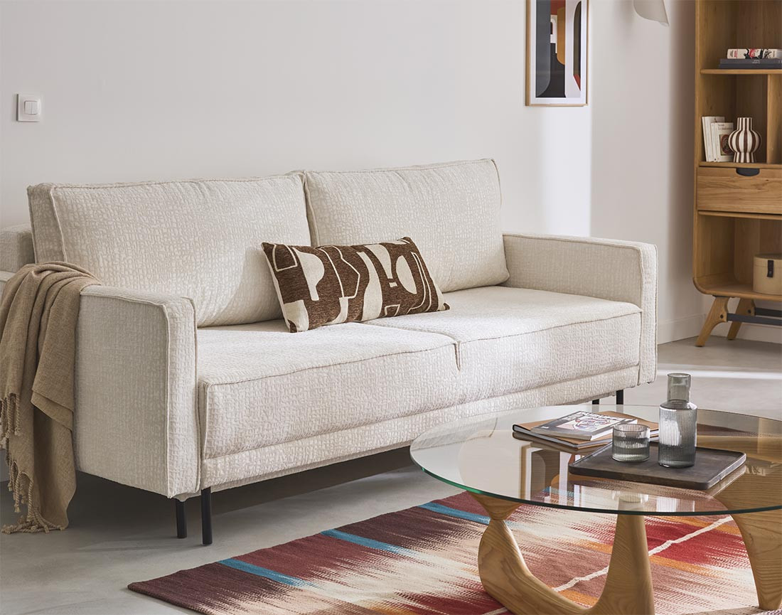 Canapé droit 3 places convertible avec coffre en tissu velours relief Charlie