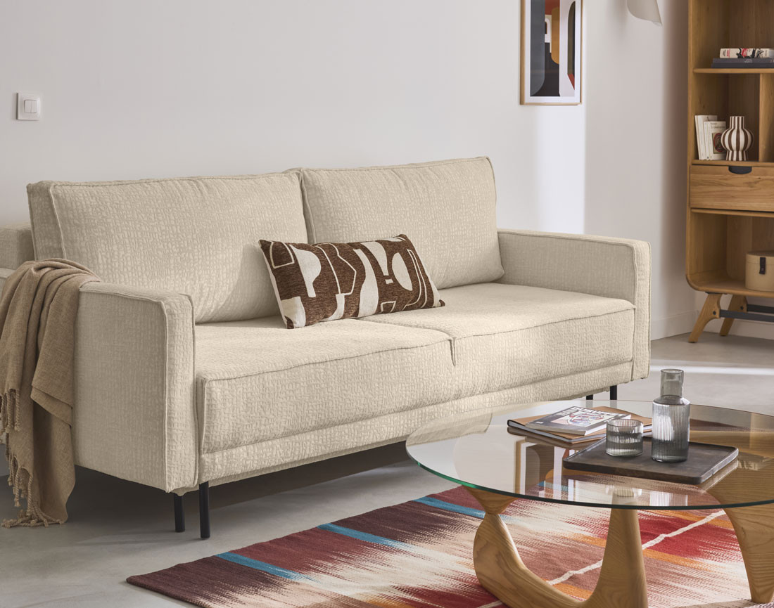 Canapé droit 3 places convertible avec coffre en tissu velours relief Charlie