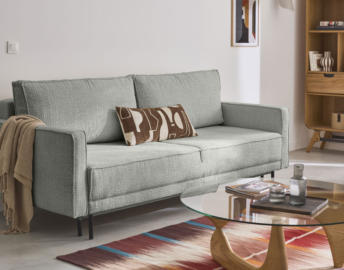 Canapé droit 3 places convertible avec coffre en tissu velours relief Charlie