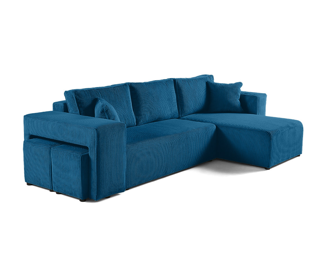 Canapé d'angle convertible en velours côtelé avec poufs Topaze