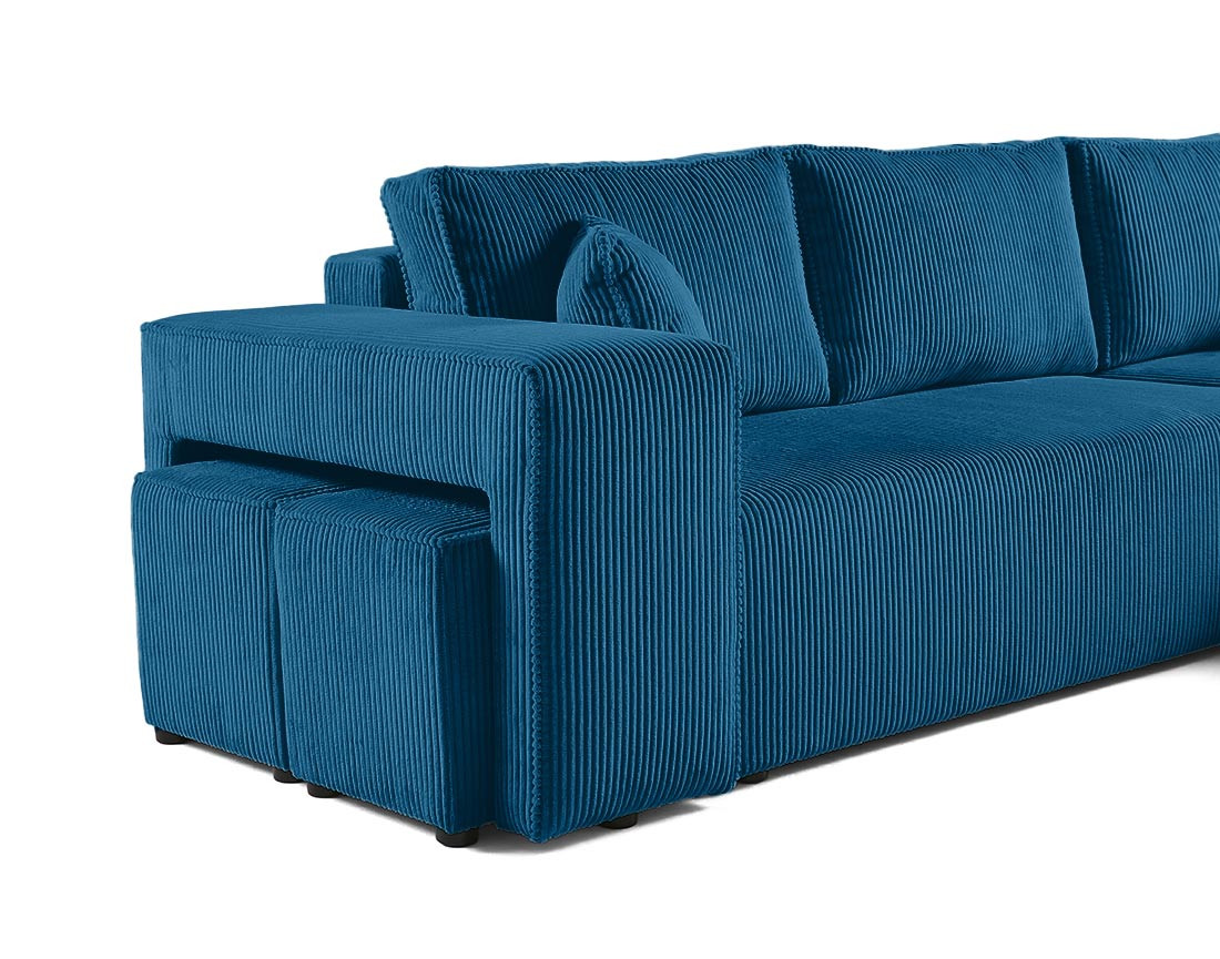 Canapé d'angle convertible en velours côtelé avec poufs Topaze