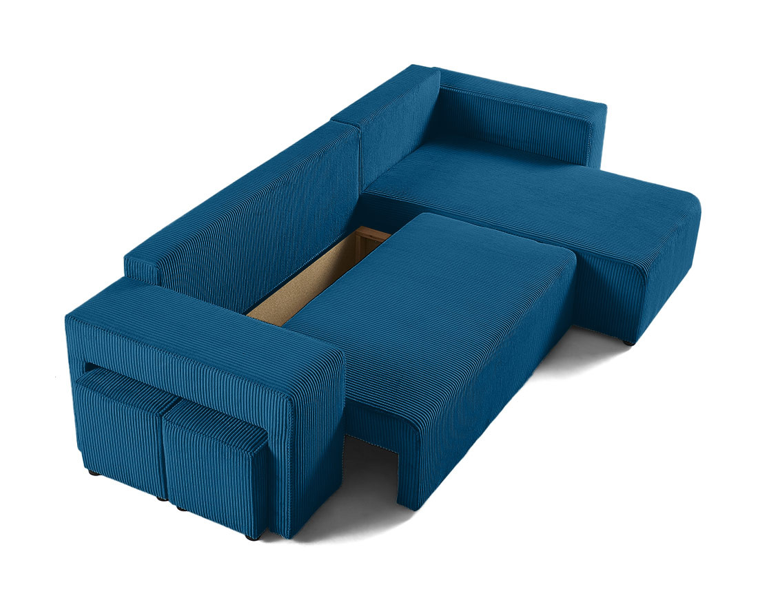 Canapé d'angle convertible en velours côtelé avec poufs Topaze