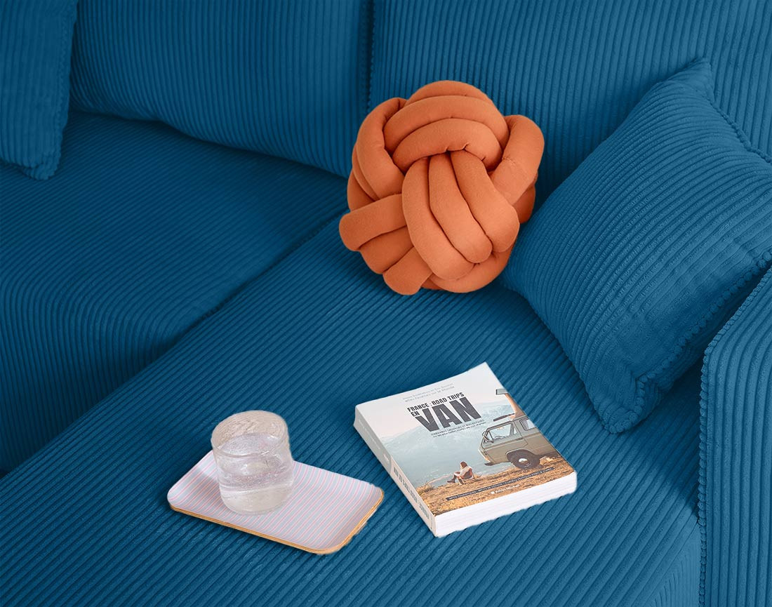 Canapé d'angle convertible en velours côtelé avec poufs Topaze