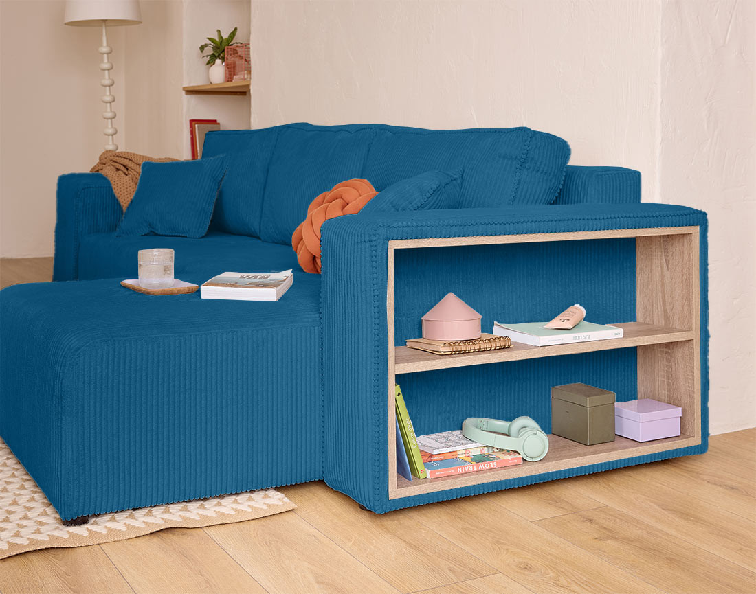 Canapé d'angle convertible en velours côtelé avec poufs Topaze