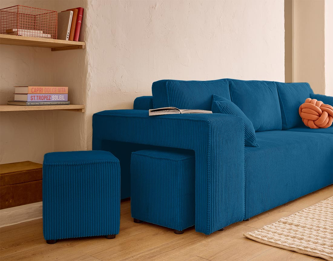 Canapé d'angle convertible en velours côtelé avec poufs Topaze