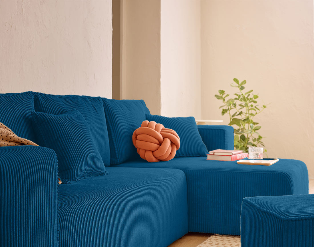 Canapé d'angle convertible en velours côtelé avec poufs Topaze