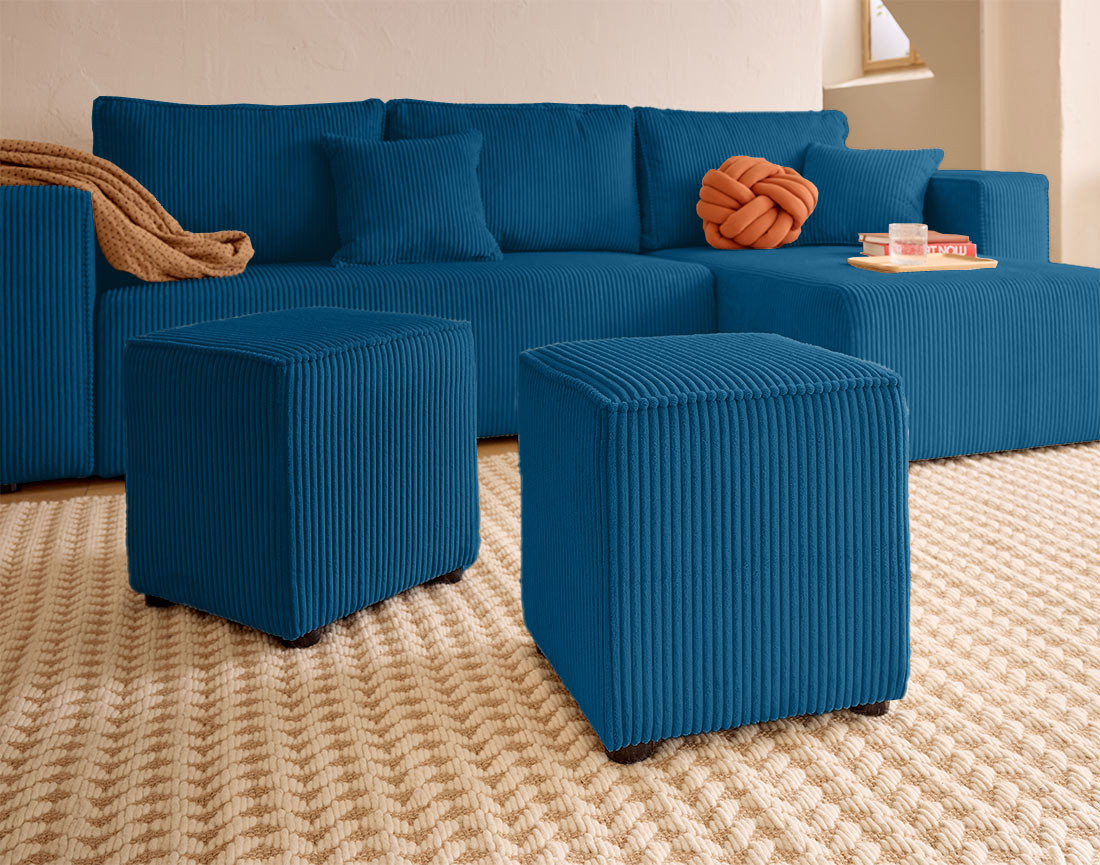 Canapé d'angle convertible en velours côtelé avec poufs Topaze