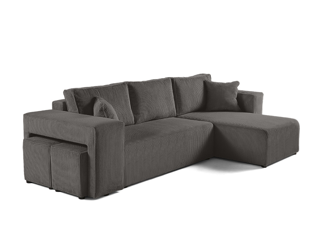 Canapé d'angle convertible en velours côtelé avec poufs Topaze