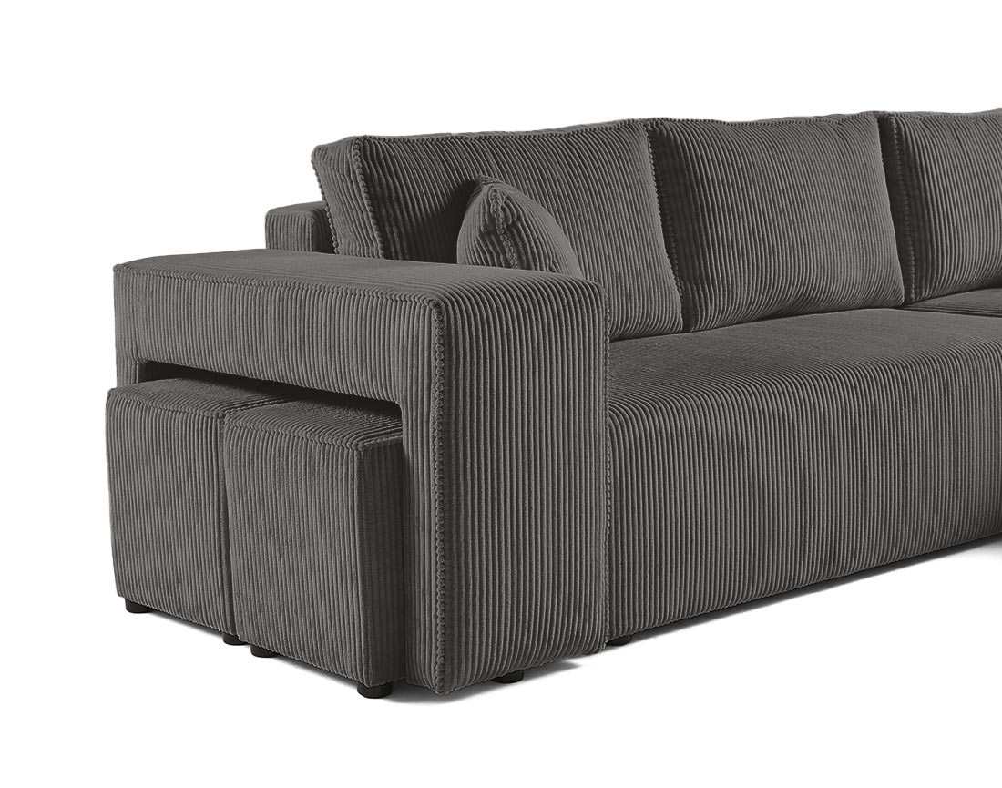 Canapé d'angle convertible en velours côtelé avec poufs Topaze