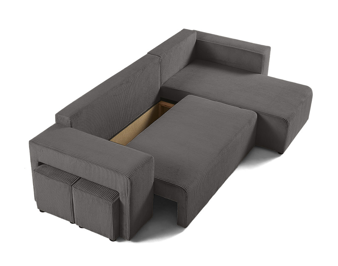 Canapé d'angle convertible en velours côtelé avec poufs Topaze