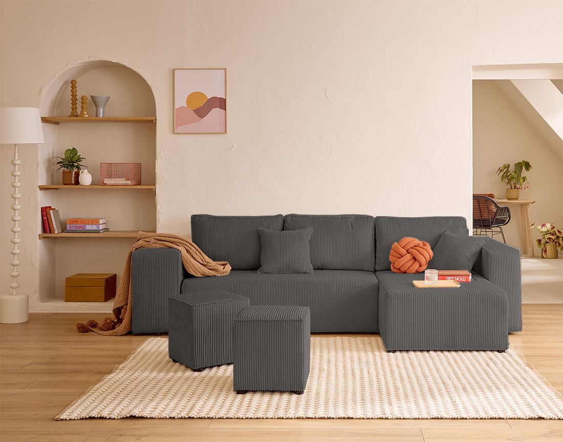 Canapé d'angle convertible en velours côtelé avec poufs Topaze