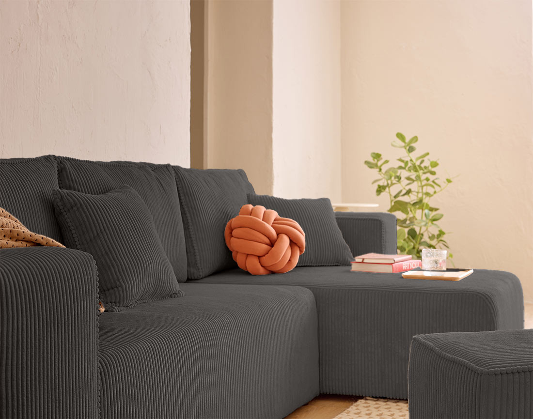 Canapé d'angle convertible en velours côtelé avec poufs Topaze