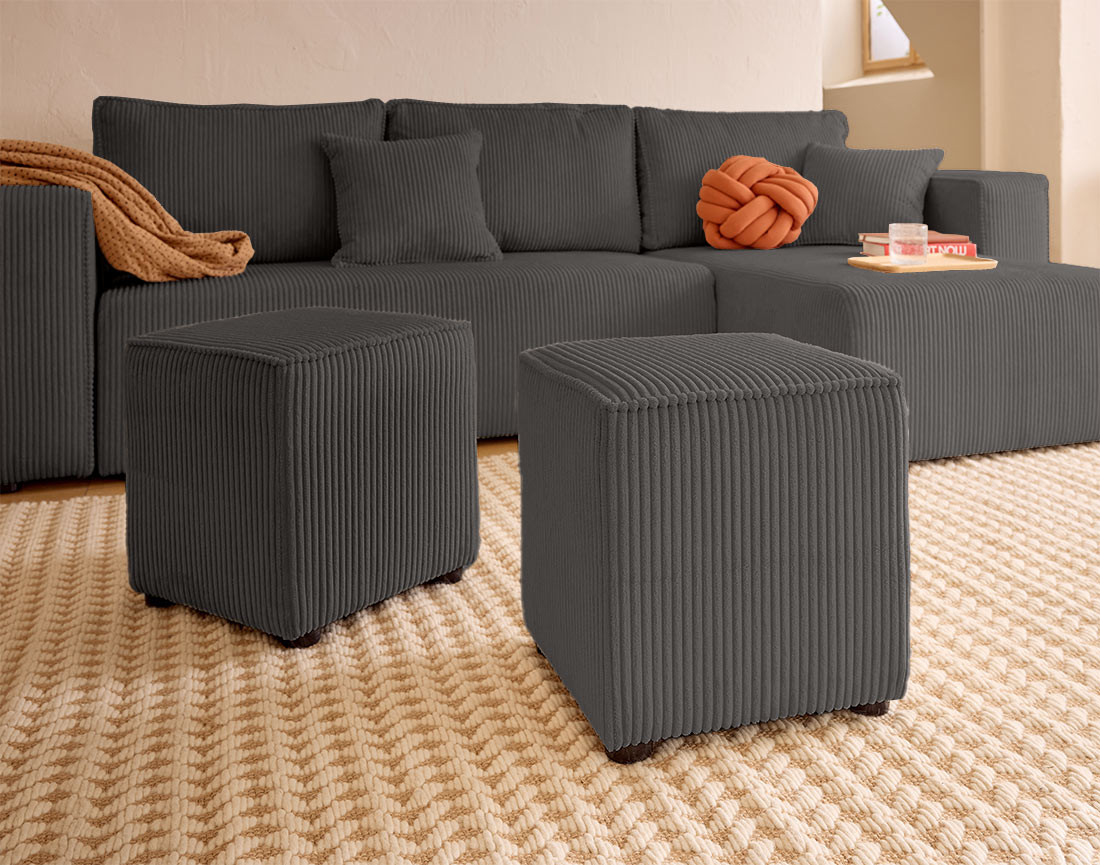 Canapé d'angle convertible en velours côtelé avec poufs Topaze