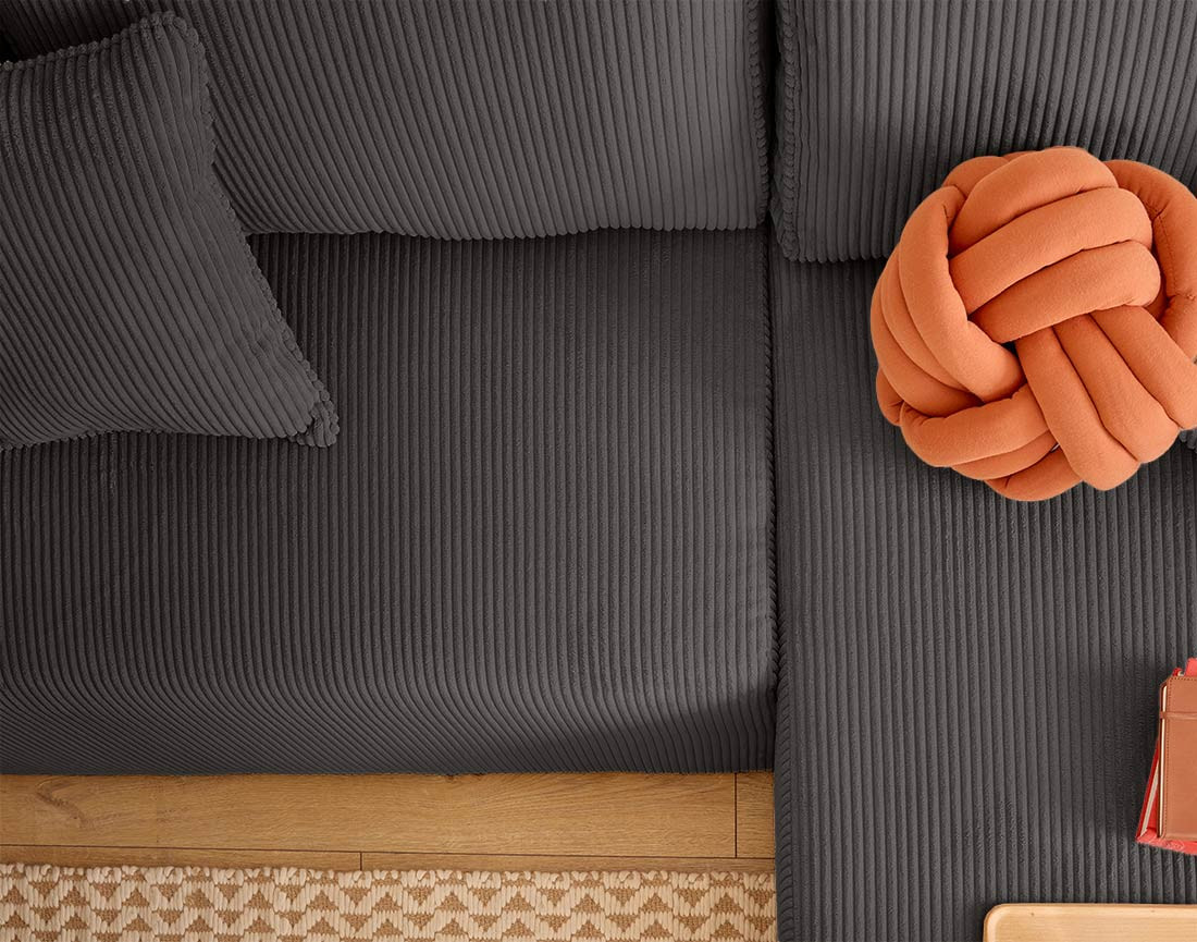 Canapé d'angle convertible en velours côtelé avec poufs Topaze