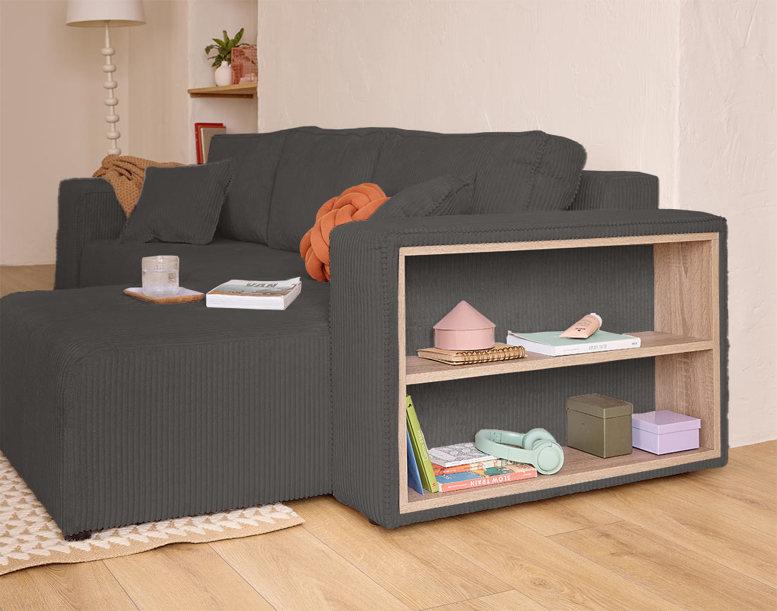 Canapé d'angle convertible en velours côtelé avec poufs Topaze