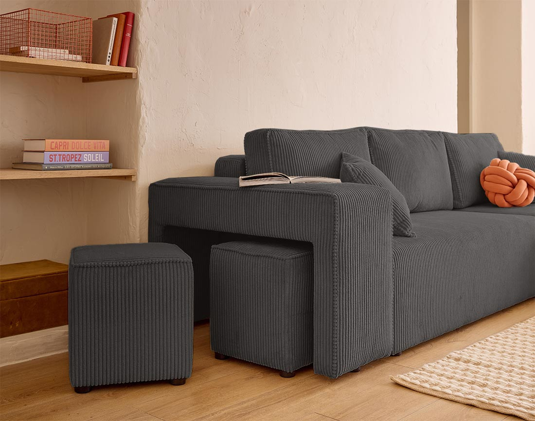 Canapé d'angle convertible en velours côtelé avec poufs Topaze