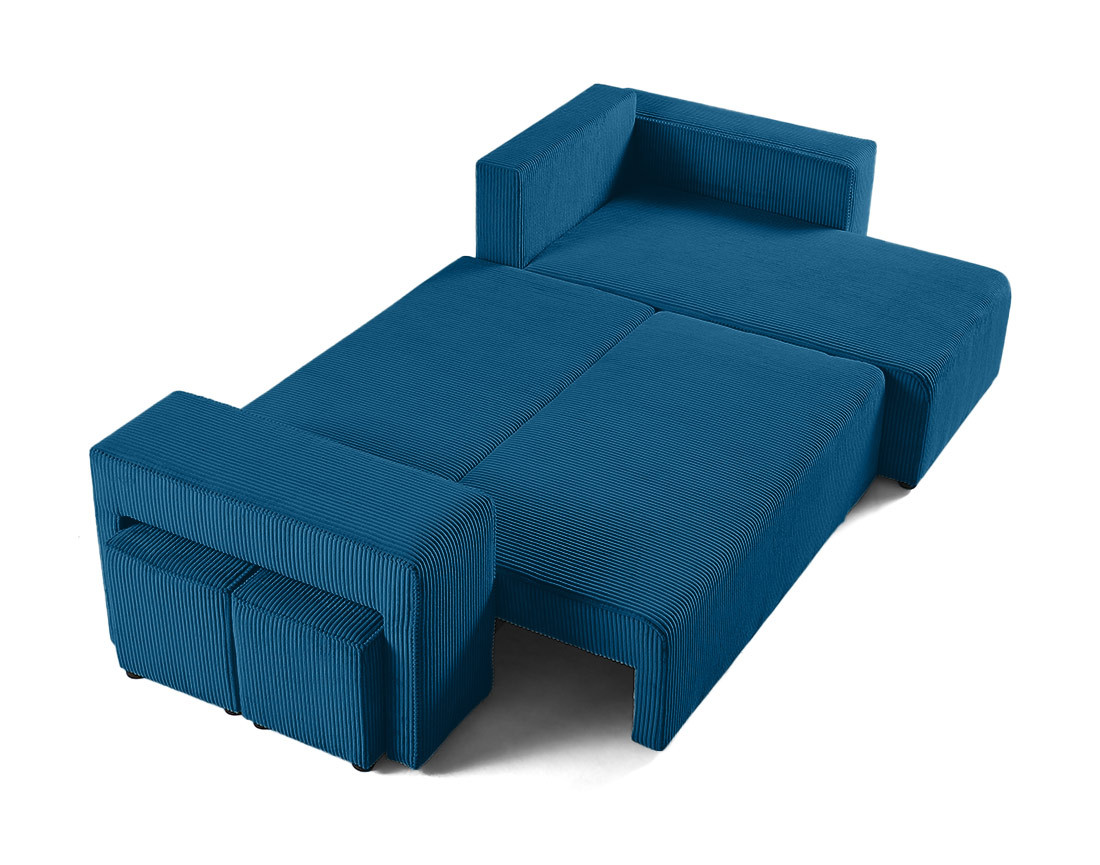 Canapé d'angle convertible en velours côtelé avec poufs Topaze
