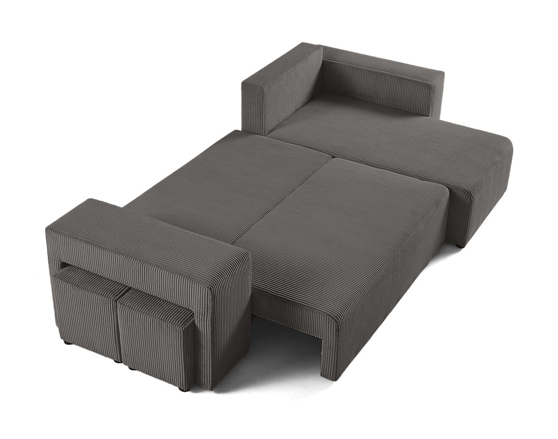 Canapé d'angle convertible en velours côtelé avec poufs Topaze