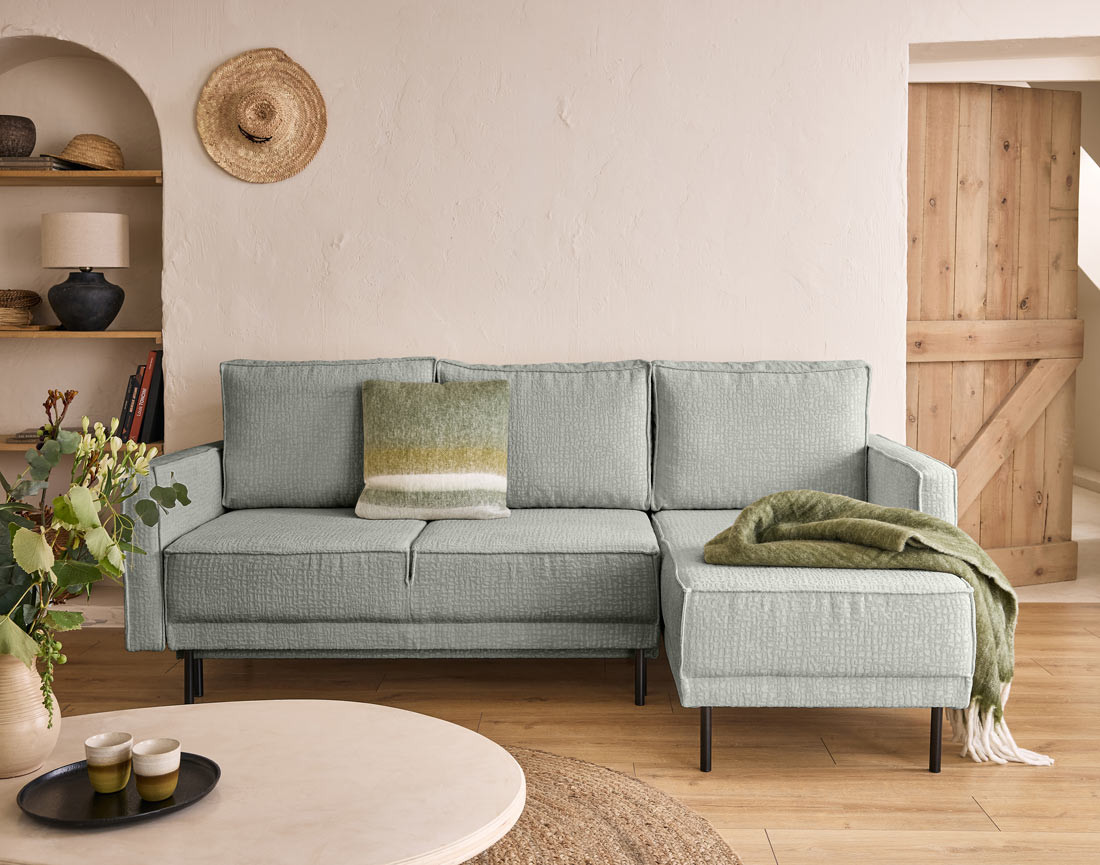 Canapé d'angle convertible avec coffre en tissu velours relief Charlie