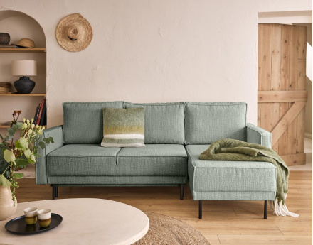 Canapé d'angle convertible avec coffre en tissu velours relief Charlie