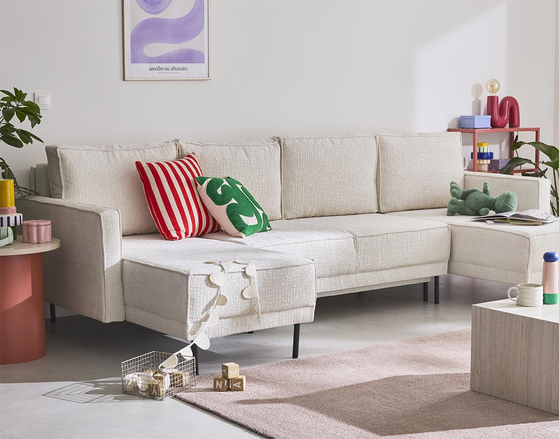 Canapé panoramique convertible coffre en tissu velours relief Charlie