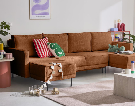 Canapé panoramique convertible coffre en tissu velours relief Charlie