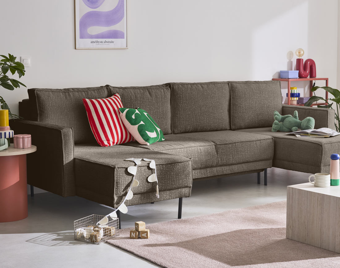 Canapé panoramique convertible coffre en tissu velours relief Charlie