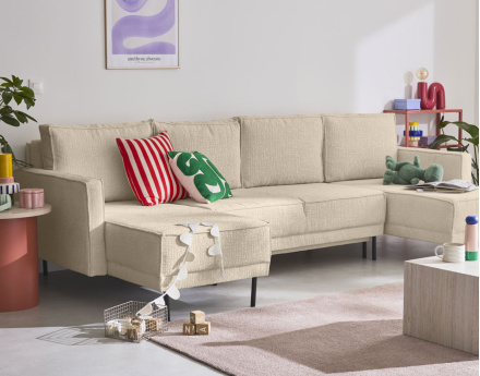 Canapé panoramique convertible coffre en tissu velours relief Charlie