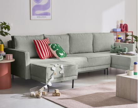 Canapé panoramique convertible coffre en tissu velours relief Charlie