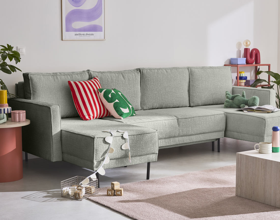 Canapé panoramique convertible coffre en tissu velours relief Charlie